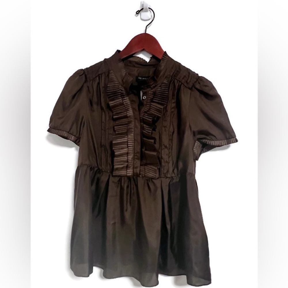 NWT Ted Baker brown silk tuxedo pleated short sleeve top, size 2.